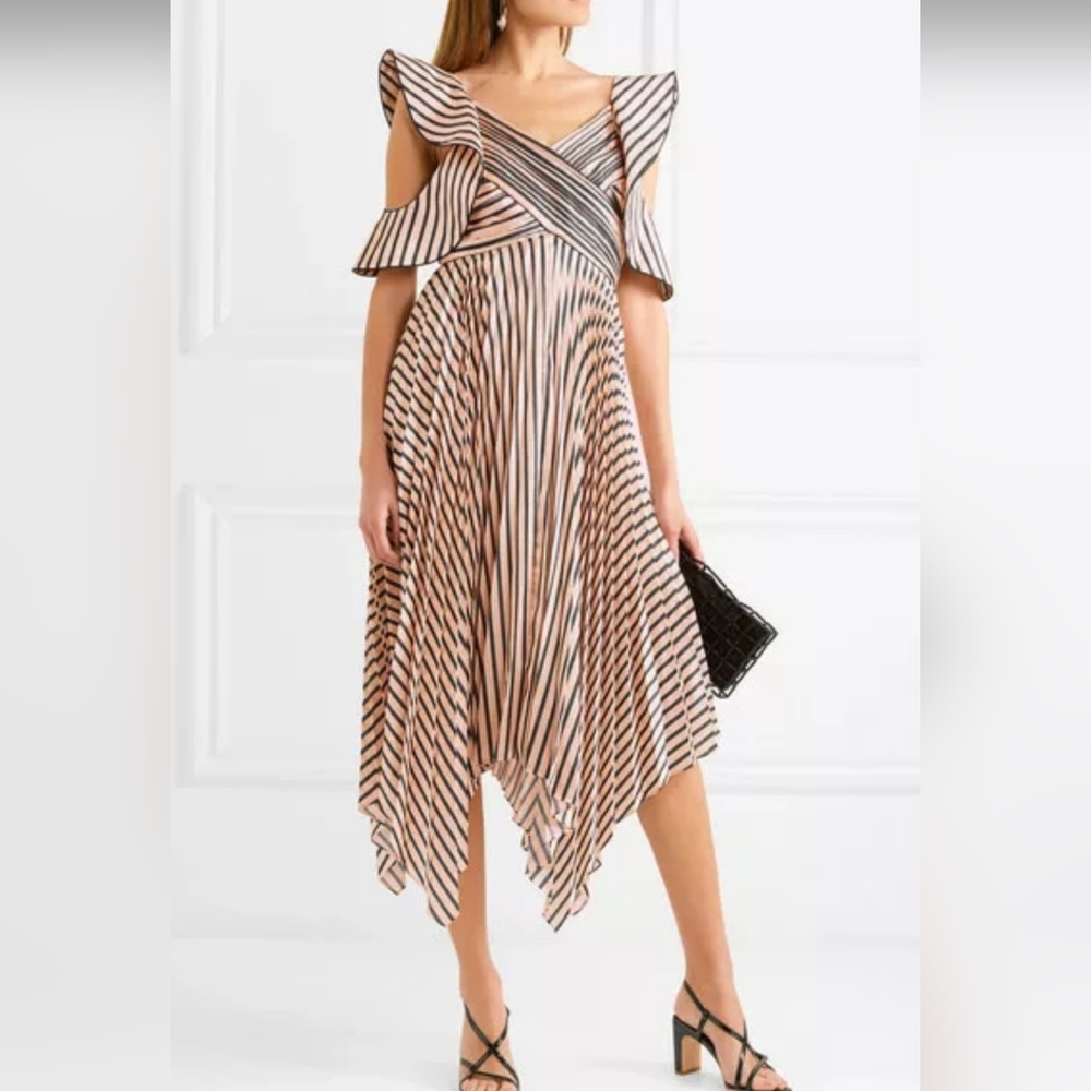 Self-Portrait Asymmetric pleated striped satin midi dress, size UK 10- US 6
